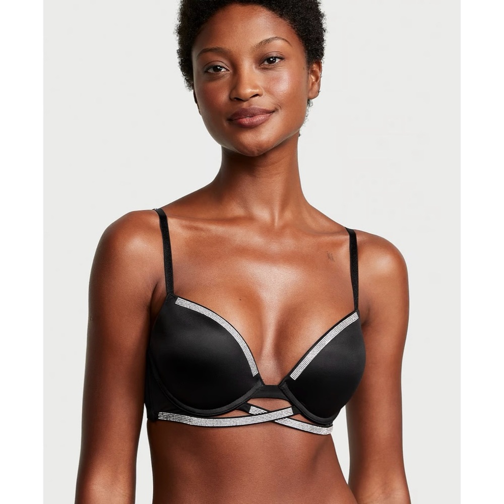New Victoria’s Secret Shine Rhinestone Strappy Cradle Push Ip Black Bra 38C - Picture 2 of 5